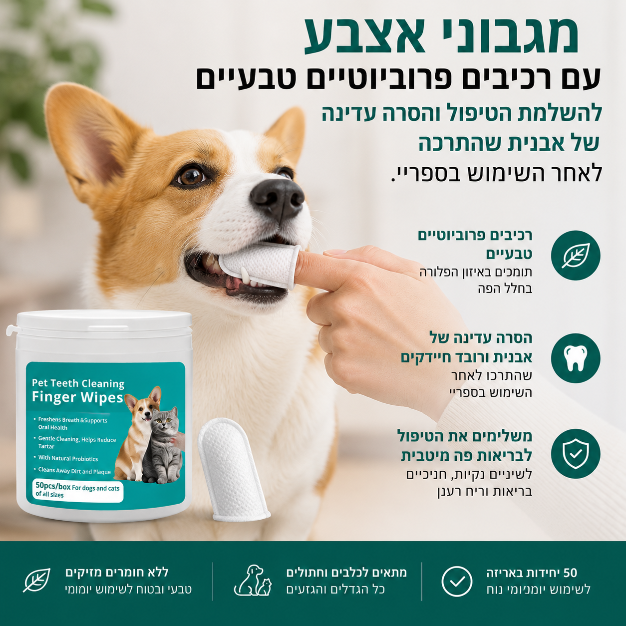 מגבוני אצבע פרוביוטיים להשלמת הטיפול ולהסרת אבנית | 50 יחידות